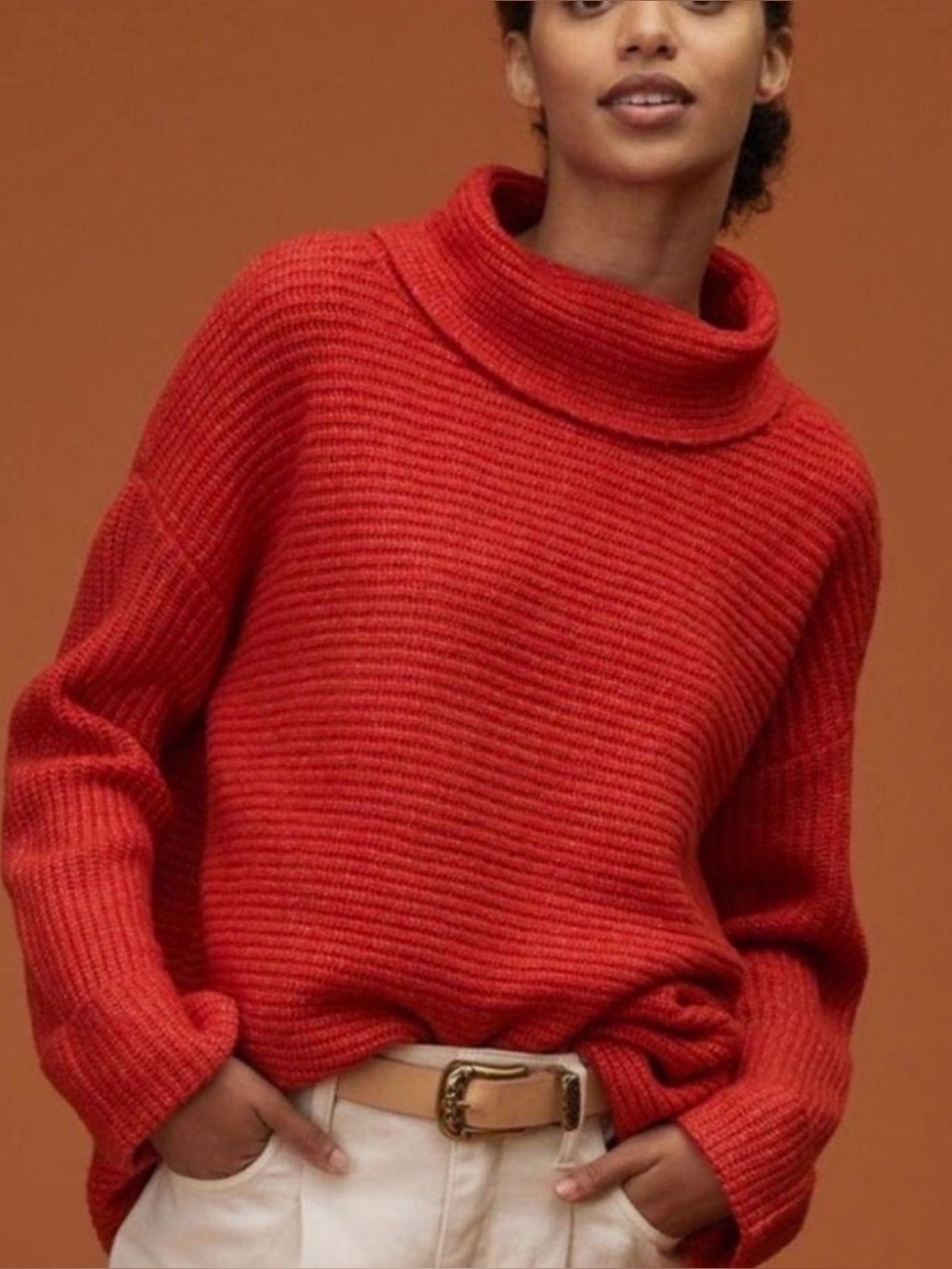 Anthropologie Pilcro Knit Sweater Womens Medium Cowl Neck Red Oversized Top